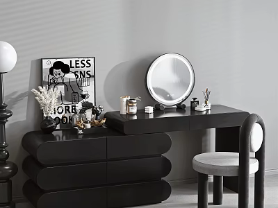Black Dressing Table With Round Mirror Cosmetics Decor And Stylish Chair 3d model