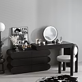 Black Dressing Table With Round Mirror Cosmetics Decor And Stylish Chair 3d model