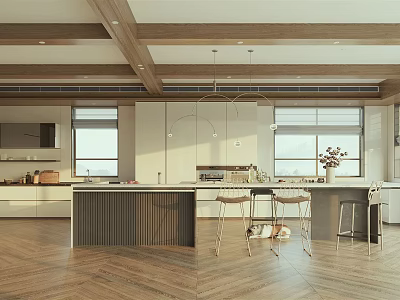 Modern Kitchen Interior Design With Island Counter Wooden Flooring And White Cabinets 3d model
