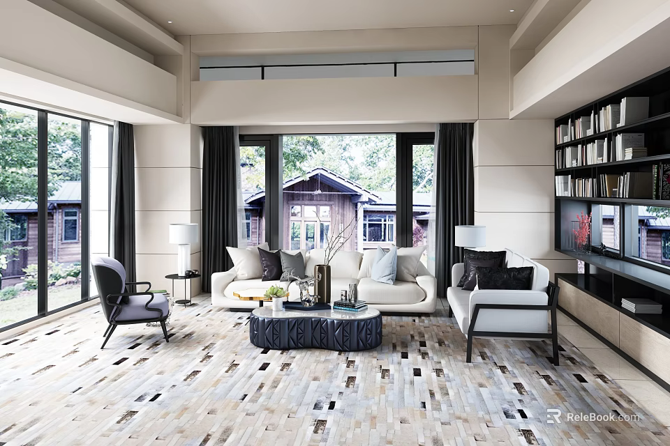 Modern Living Room Interior With Large Windows White Sofa Black Armchair And Natural Light 3d model 