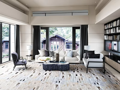Modern Living Room Interior With Large Windows White Sofa Black Armchair And Natural Light 3d model