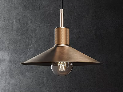 Modern Gold Pendant Light With Cone Shade And Clear Bulb Against Dark Wall 3d model