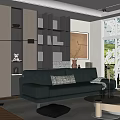 Modern Living Room Interior Design With Dark Green Leather Sofa Black Bookshelf And Large Window