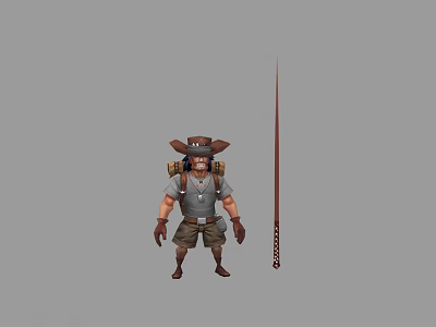 Game Movie Character With Cowboy Hat Backpack Gray T-shirt Brown Shorts And Long Sword 3d model
