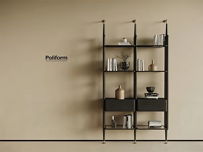 Modern Black Metal Shelving Unit With Books Vases Decor And Drawers 3d model