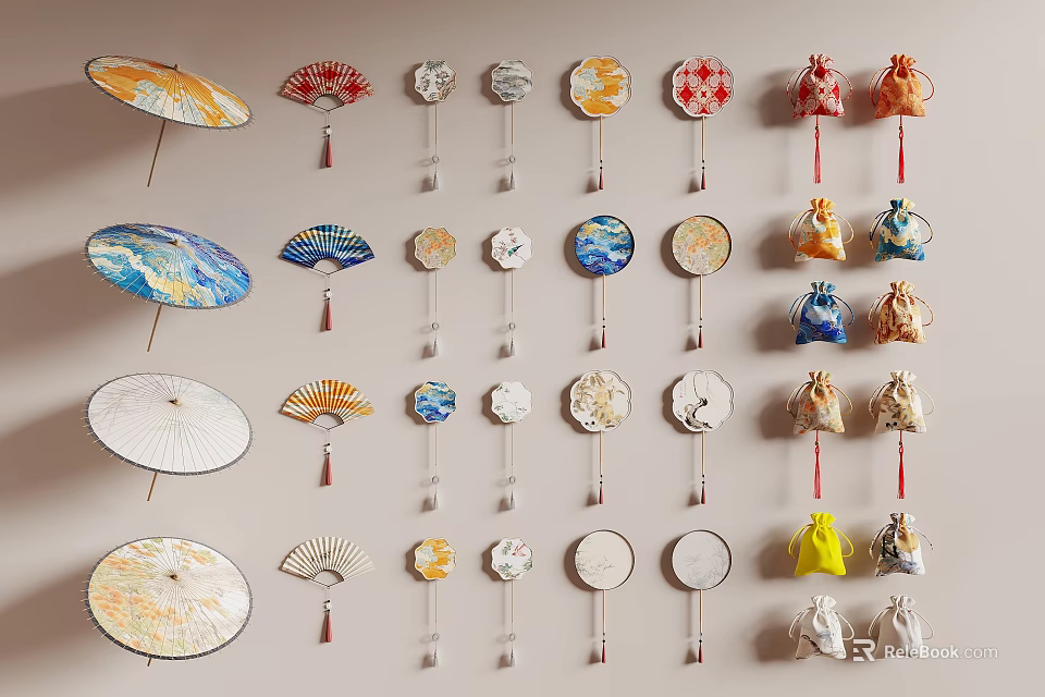 Colorful Wall Decor Featuring Various Fans and Decorative Bags with Diverse Designs 3d model 