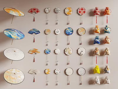 Colorful Wall Decor Featuring Various Fans and Decorative Bags with Diverse Designs 3d model