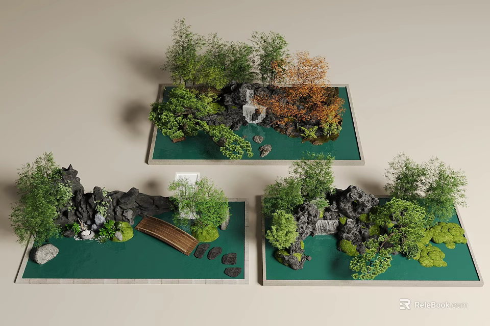 Courtyard Garden Design With Rock Formations Water Features Small Bridge And Various Plants 3d model 