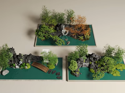 Courtyard Garden Design With Rock Formations Water Features Small Bridge And Various Plants 3d model