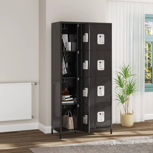 Bedroom Interior Featuring Black Lockers Storage Items Potted Plant And Window Curtain 3d model 