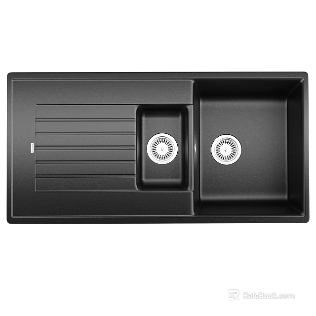 Black Double Bowl Kitchen Sink With Quartz Drainboard And Modern Design 3d model 