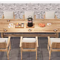 Wooden Outdoor Table With Matching Chairs Cushioned Seats Teapot Fruits Tray Near Brick Wall Greenery
