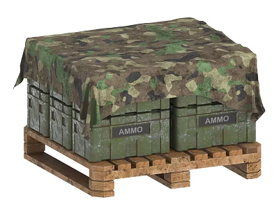 Military Weapon Ammo Boxes Covered With Camouflage Cloth On Wooden Pallet 3d model