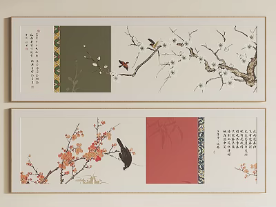 Traditional Chinese Plant Paintings With Birds Flowers Calligraphy And Ornamental Details 3d model