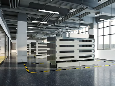 Large Industrial Storage Area Featuring White Multi Tiered Racks Bright Windows And Ceiling Pipes 3d model