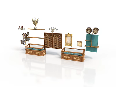 Classical Furniture Display Including Shelves Cabinet Lattice Doors Drawer Chests Golden Decorations And Blue Shelf 3d model
