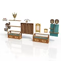 Classical Furniture Display Including Shelves Cabinet Lattice Doors Drawer Chests Golden Decorations And Blue Shelf