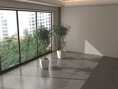 Spacious Indoor Area with Large Windows Two Potted Plants and Gray Floor Tiles 3d model