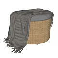 Stylish Gray Cushioned Wicker Stool with Soft Knitted Throw and Tassels 3d model