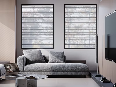 Modern Living Room With Gray Sofa Cushions Windows Blinds Trees Outside Coffee Table And TV 3d model