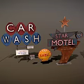 Vintage Commercial Signs Featuring Car Wash Motel Shell And Road 66 Logos