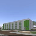 Modern Industrial Factory Building With White Green Facade Large Glass Windows And Landscaped Area