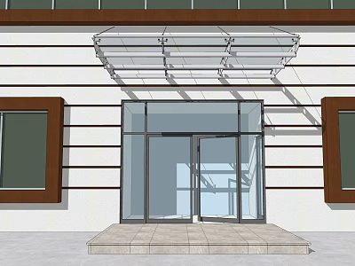 Transparent Glass Awning Above Building Entrance With Glass Door And White Exterior 3d model