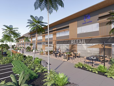 Modern Commercial Street With Retail Spaces Outdoor Seating Palm Trees Greenery And Pedestrian Walkways 3d model