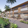 Modern Commercial Street With Retail Spaces Outdoor Seating Palm Trees Greenery And Pedestrian Walkways