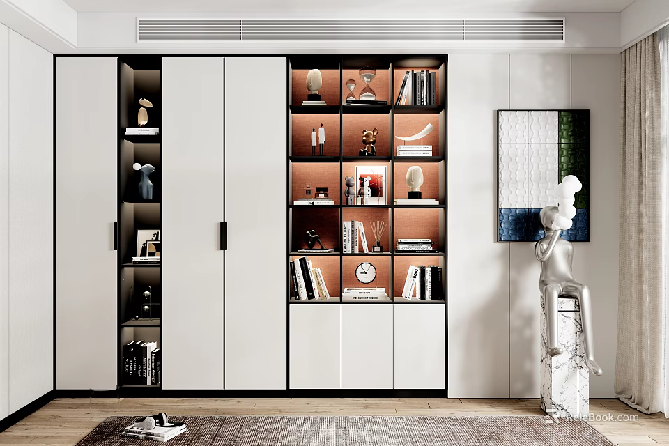 Modern Bookcase Design With Open Closed Shelves Books And Decorative Items In Living Room 3d model 