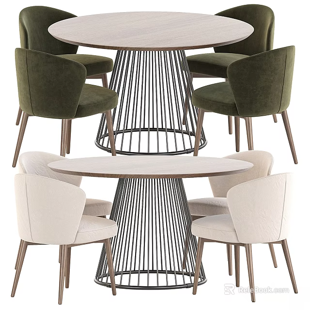 Modern Round Table and Chair Set With Velvet Upholstered Green White Chairs Metal Base 3d model 
