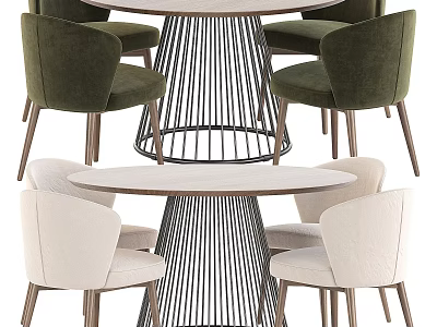 Modern Round Table and Chair Set With Velvet Upholstered Green White Chairs Metal Base 3d model