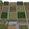 Rural Landscape With Organized Grid Pattern Vegetable Gardens Wooden Fences Stone Pathways And Surrounding Trees