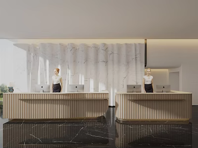 Modern Office Reception Desk With Wooden Counter And Marble Background Wall Design 3d model