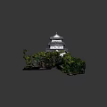 Traditional Japanese Castle with Multi Level Structure Gray Roof White Walls Surrounded By Trees Water