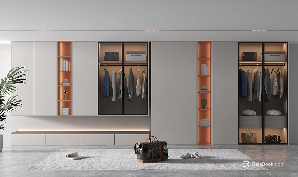 Modern Wardrobe Interior Design With Hanging Rods Drawers Shelves And Orange Accents 3d model 