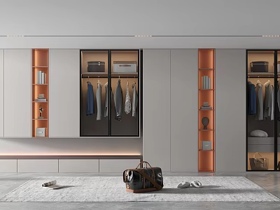 Modern Wardrobe Interior Design With Hanging Rods Drawers Shelves And Orange Accents 3d model