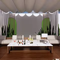 White Pergola with Curved Canopy Green Plants and Wooden Floor in Outdoor Lounge