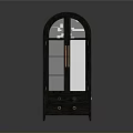 Elegant Dark Wood Cabinet With Arched Top Glass Doors Gold Handles And Drawers