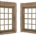 Two Vintage Rustic Textured Framed Wooden Windows With Grid Pane Design 3d model
