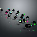 Small Black Furry Creatures With Eyes And Legs Holding Colorful Objects On Gray Reflective Surface