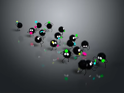 Small Black Furry Creatures With Eyes And Legs Holding Colorful Objects On Gray Reflective Surface 3d model