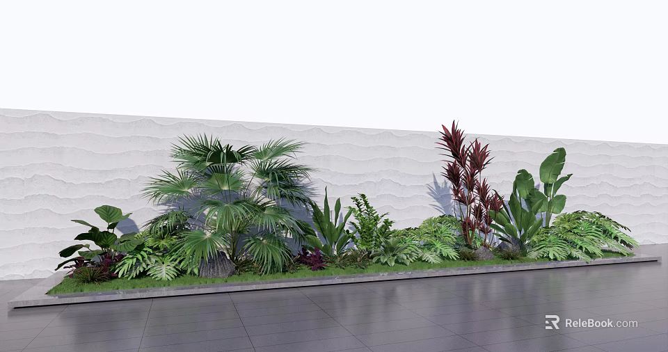 Varied Garden Plants With Palm Fronds Red Blooms Green Foliage By White Textured Wall 3d model 