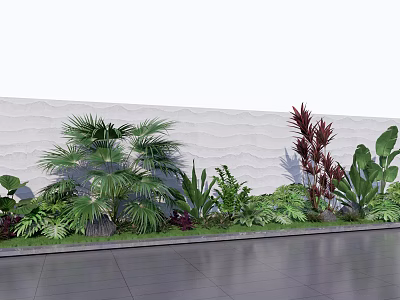 Varied Garden Plants With Palm Fronds Red Blooms Green Foliage By White Textured Wall 3d model