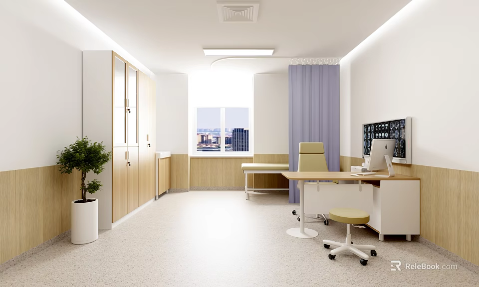 Modern Office Interior With Wooden Cabinets White Walls Purple Curtains Computer And City View 3d model 