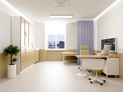 Modern Office Interior With Wooden Cabinets White Walls Purple Curtains Computer And City View 3d model