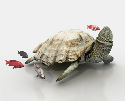 Aquatic Animals Featuring Turtle With Patterned Shell And Red Black Fish Swimming Around 3d model