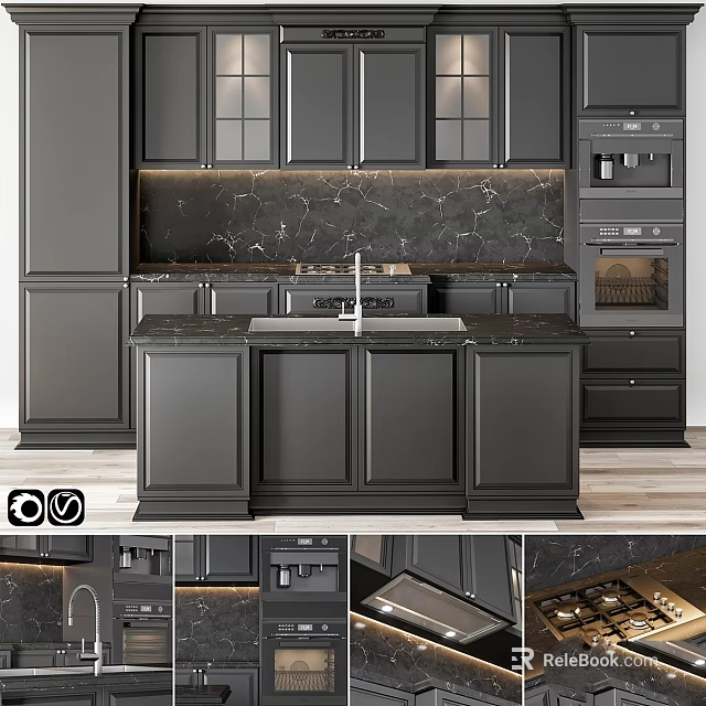 Modern Kitchen Interior With Dark Cabinets Marble Countertop Island And Appliances 3d model 