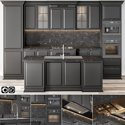 Modern Kitchen Interior With Dark Cabinets Marble Countertop Island And Appliances 3d model