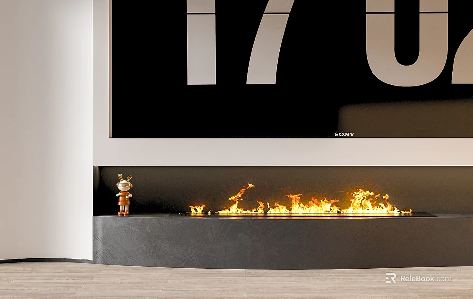 Modern Fireplace With Burning Flames And Small Figurine Below Large Screen Displaying 170 3d model 